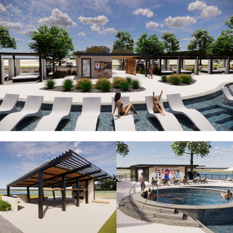 Modern pool area with lounging spaces